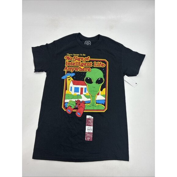 DOM Alien Graphic Tee Mens Size S Black Funny UFO “No Intelligent Life” T Shirt - Picture 1 of 4